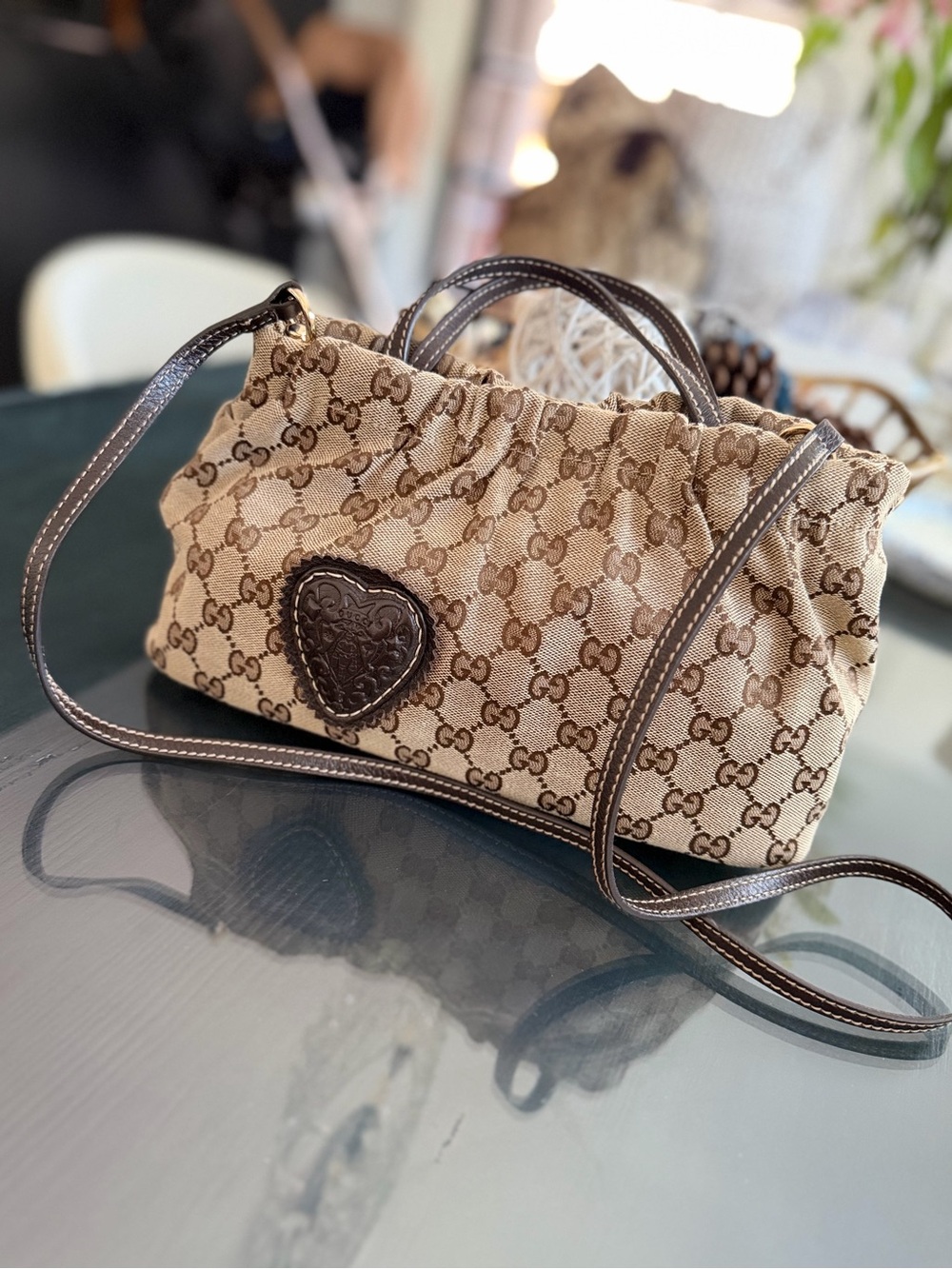 Gucci Beige & Brown GG Canvas Shoulder Bag with Heart Patch